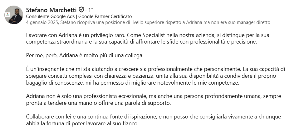 Referenza LinkedIn di Stefano