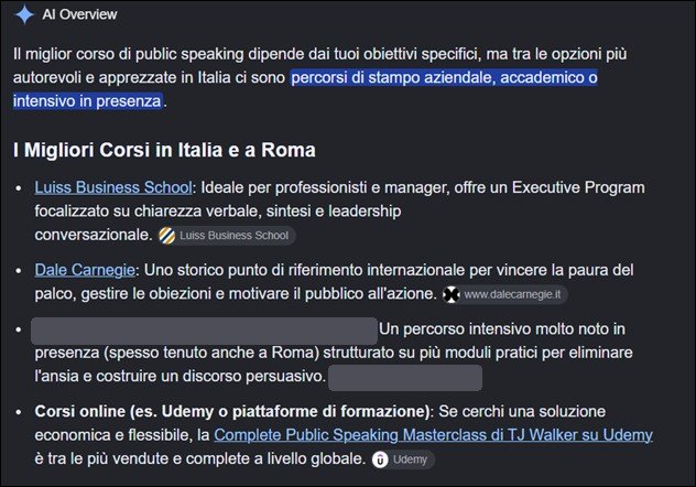AI Overview di Google su un elenco di migliori corsi, in cui il corso del cliente compare accanto a scuole e realtà molto note, con il nome oscurato per riservatezza