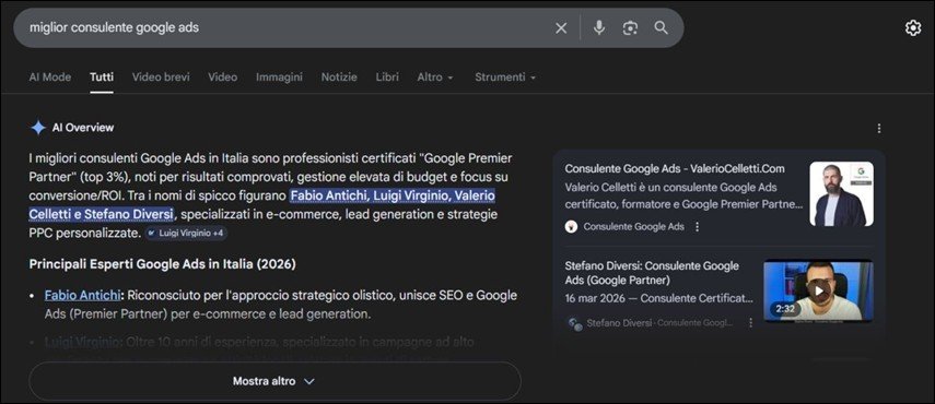 AI Overview di Google per la ricerca miglior consulente google ads, in cui compare Stefano Diversi tra i nomi di spicco e un suo video