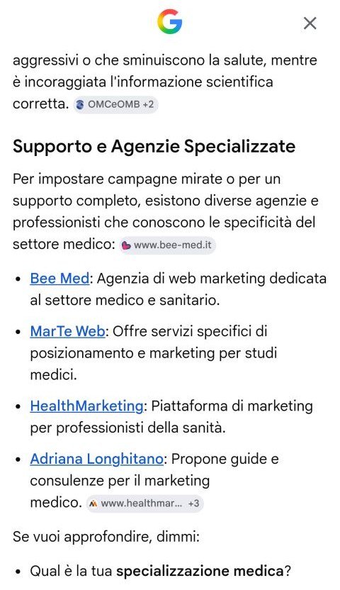 Risposta di Google AI Mode per web marketing medico che indica Adriana Longhitano tra agenzie e professionisti specializzati, 28 settembre 2026