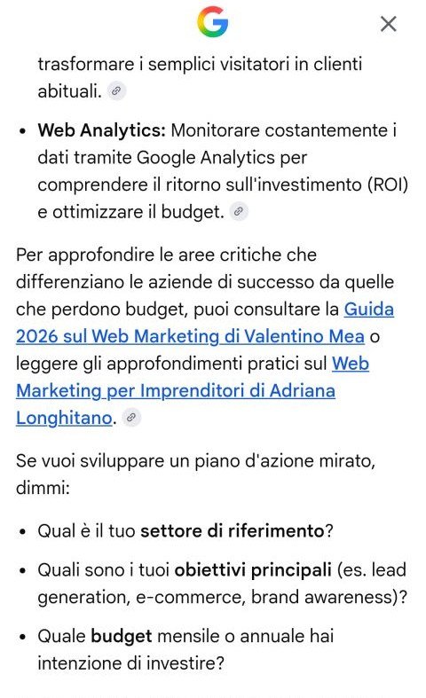 Risposta di Google AI Mode che cita tra le fonti la pagina Web Marketing per Imprenditori di Adriana Longhitano, 28 settembre 2026