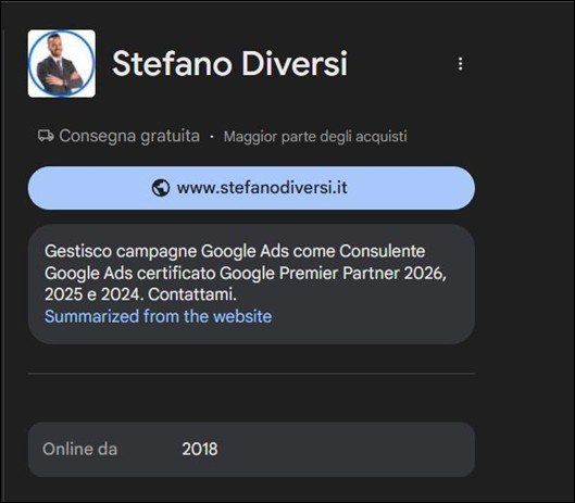 Knowledge Panel di Google per Stefano Diversi, consulente Google Ads Premier Partner, con sito e riassunto ricavato dal sito