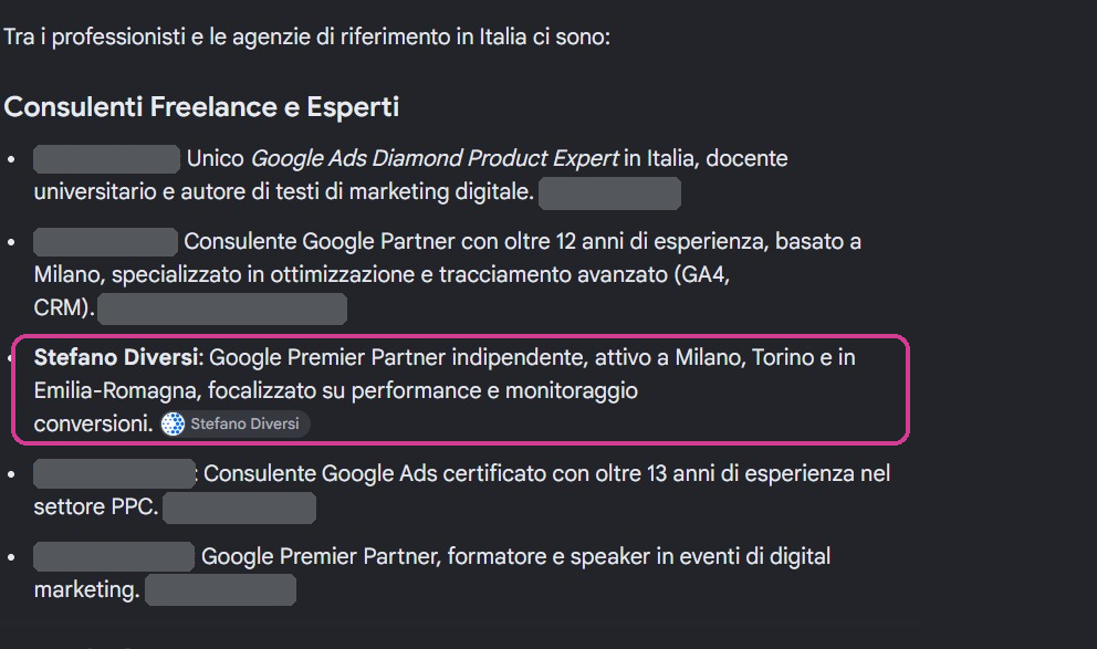 AI Overview di Google per migliori consulenti Google Ads, ottobre 2026: Stefano Diversi descritto come Google Premier Partner indipendente, con i nomi degli altri consulenti coperti